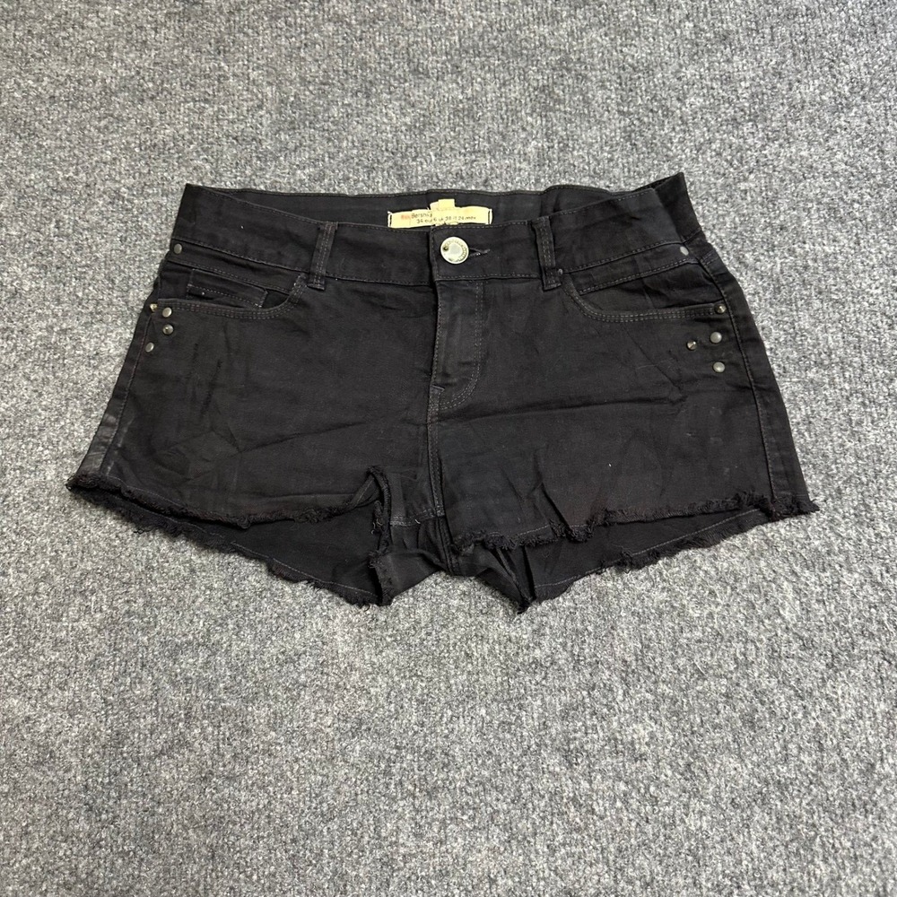 Bershka Shorts Womens Size 24 Black Denim Raw Hem Studded Low Rise Edgy Casual